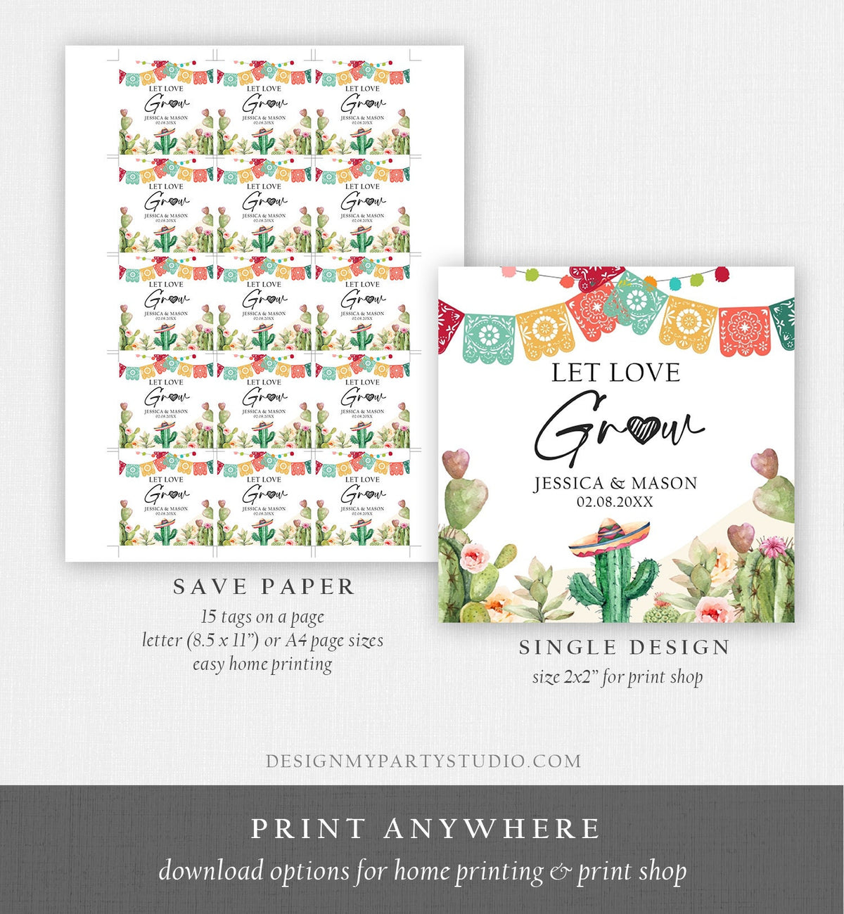 Editable Let Love Grow Tags Fiesta Cactus Favor Tag Baby Bridal Shower Wedding Succulent Taco Bout Love Digital Template Printable 0404