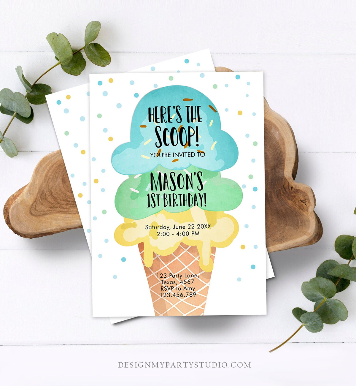 Editable Ice Cream Birthday Invitation Boy 1st Birthday Party Here&#39;s the Scoop Cone Blue Mint Yellow Summer Printable Template Corjl 0243