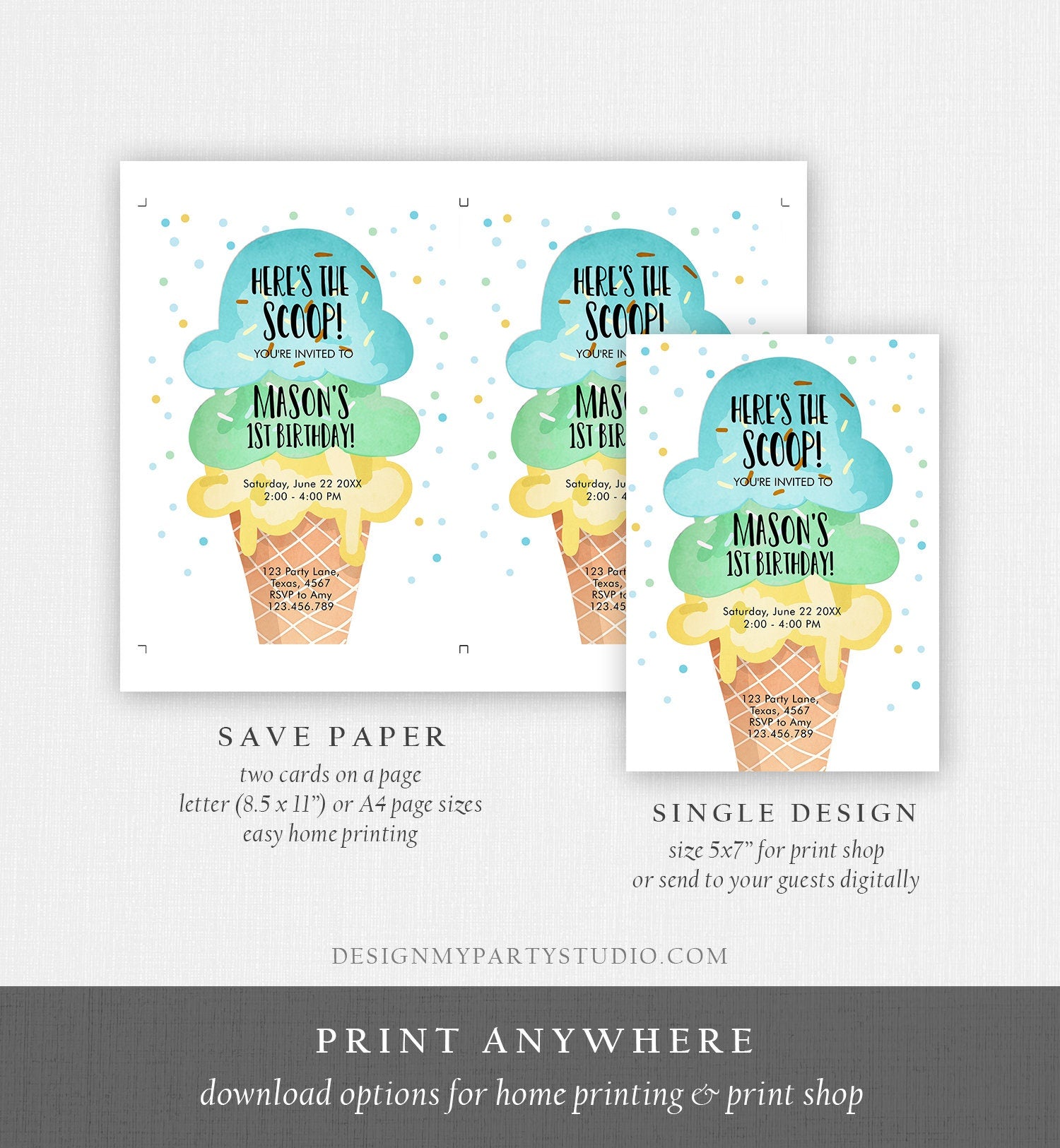 Editable Ice Cream Birthday Invitation Boy 1st Birthday Party Here's the Scoop Cone Blue Mint Yellow Summer Printable Template Corjl 0243