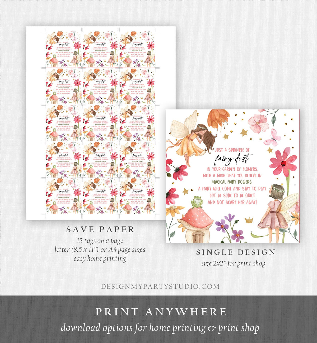 Editable Fairy Dust Favor Tags Enchanted Forest Birthday Magical Pixie Dust Poem Cards Fairy Garden Download Template PRINTABLE Corjl 0406
