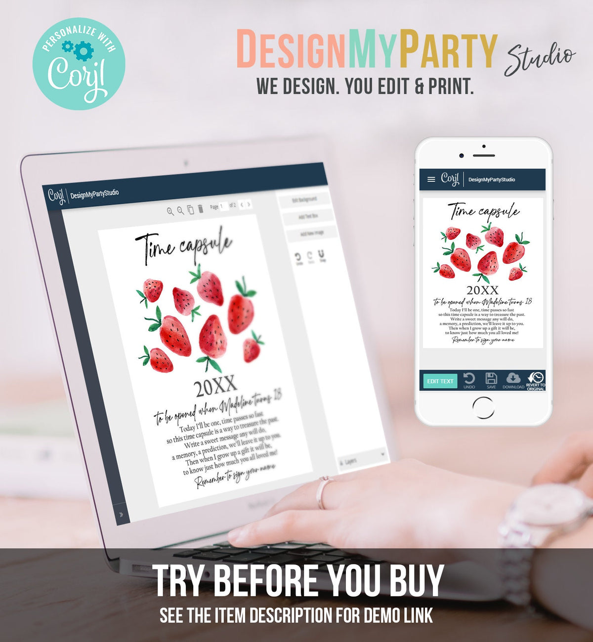 Editable Time Capsule Strawberry First Birthday Party Strawberry Decorations Berry Sweet Berry Sweet Girl Digital Template Printable 0399