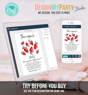 Editable Time Capsule Strawberry First Birthday Party Strawberry Decorations Berry Sweet Party Girl Pink Template Printable Corjl 0399