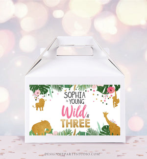 Editable Safari Animals Birthday Gable Gift Box Labels Party Animals Gold Pink Young Wild and Three Jungle Girl Download Digital Corjl 0016