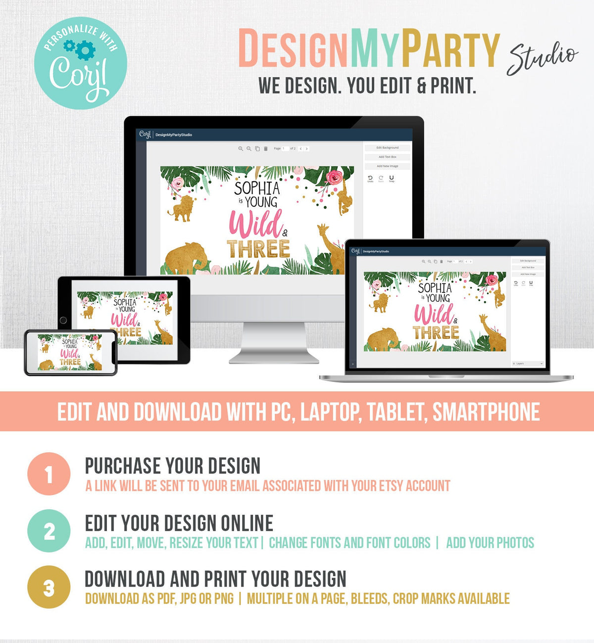 Editable Safari Animals Birthday Gable Gift Box Label Party Animals Gold Pink Young Wild Three Girl Digital Download Template Printable 0016