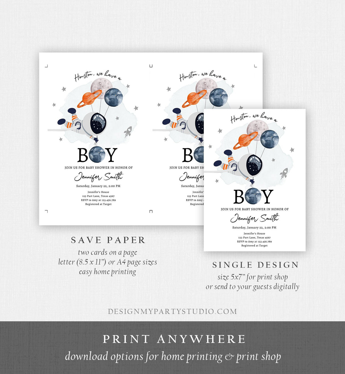 Editable Space Astronaut Baby Shower Invitation Galaxy Houston It&#39;s a Boy Orange Planets Moon Digital Download Evite Template Printable 0366