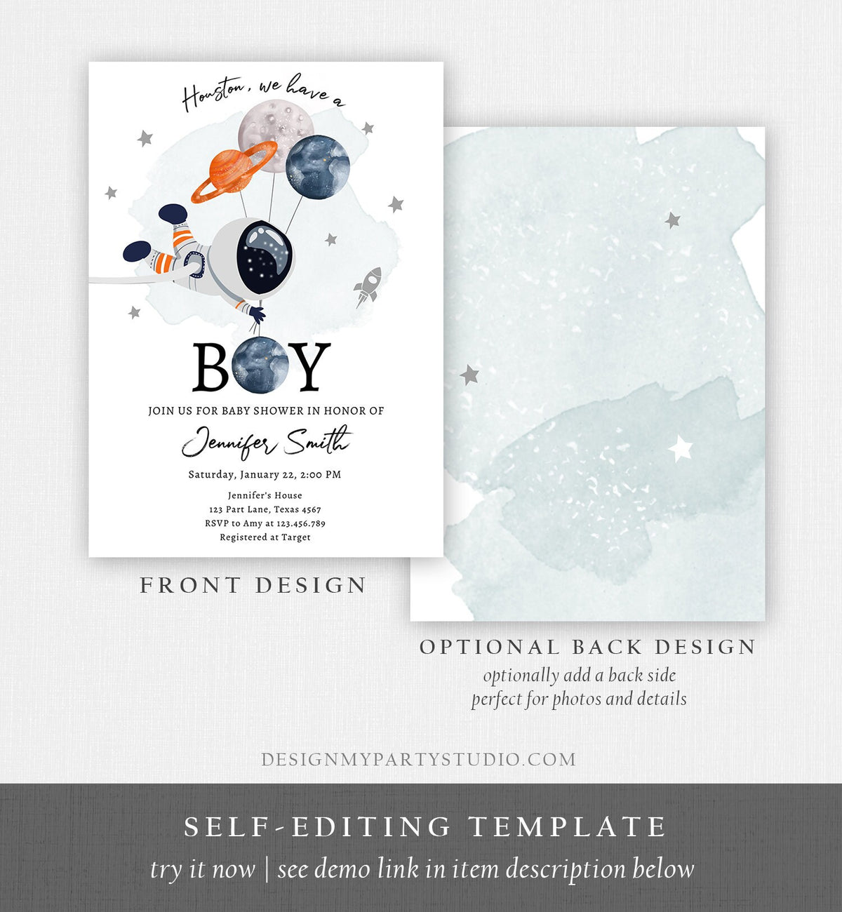 Editable Space Astronaut Baby Shower Invitation Galaxy Houston It&#39;s a Boy Orange Planets Moon Digital Download Evite Template Printable 0366