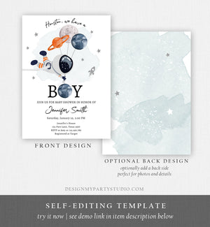Editable Space Astronaut Baby Shower Invitation Galaxy Houston It's a Boy Orange Planets Moon Countdown Template Instant Download Corjl 0366