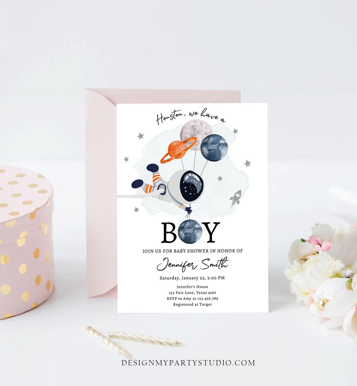 Editable Space Astronaut Baby Shower Invitation Galaxy Houston It&#39;s a Boy Orange Planets Moon Digital Download Evite Template Printable 0366