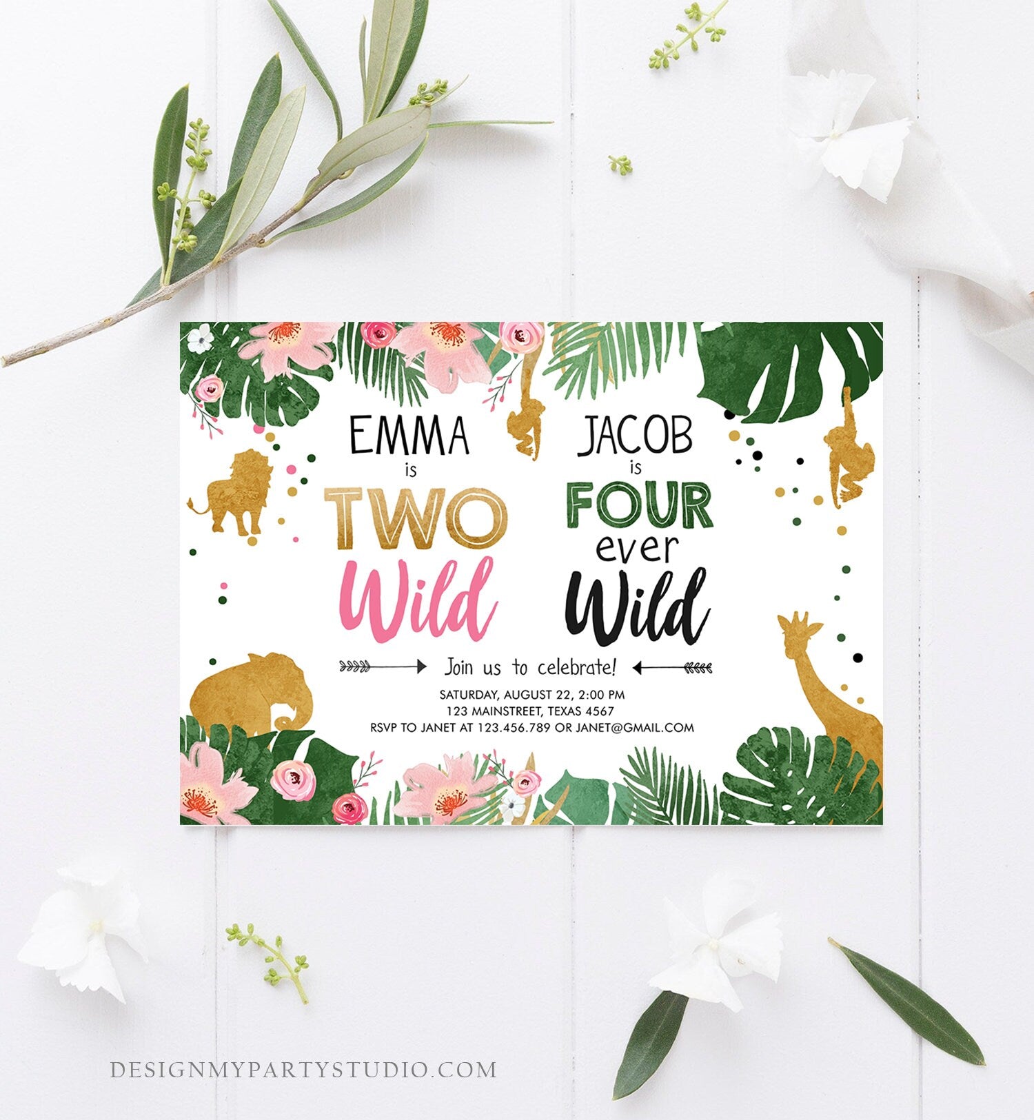 Editable Two Wild Birthday Invitation Four Ever Wild Boy Girl Safari Animals Jungle Gold Joint Dual Siblings Corjl Template Printable 0016