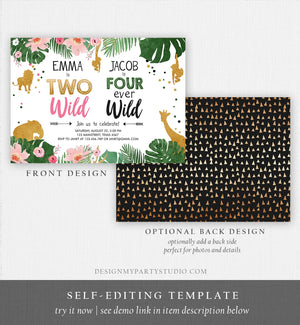 Editable Two Wild Birthday Invitation Four Ever Wild Boy Girl Safari Animals Jungle Gold Joint Dual Siblings Corjl Template Printable 0016