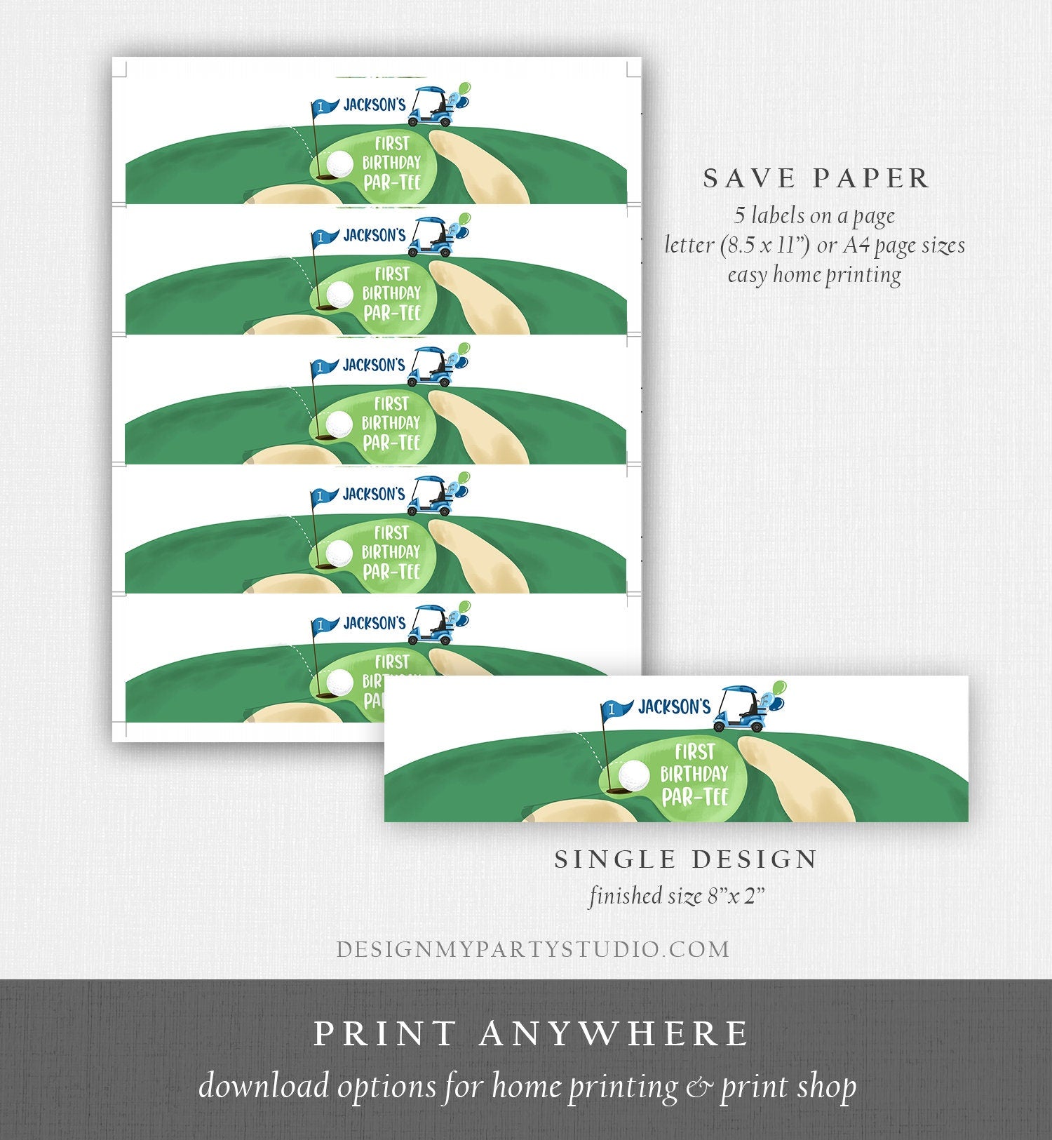 Editable Golf Water Bottle Labels Golf Birthday Party Hole in One Decor Boy Par-tee Golfing Blue Printable Bottle Labels Template Corjl 0405