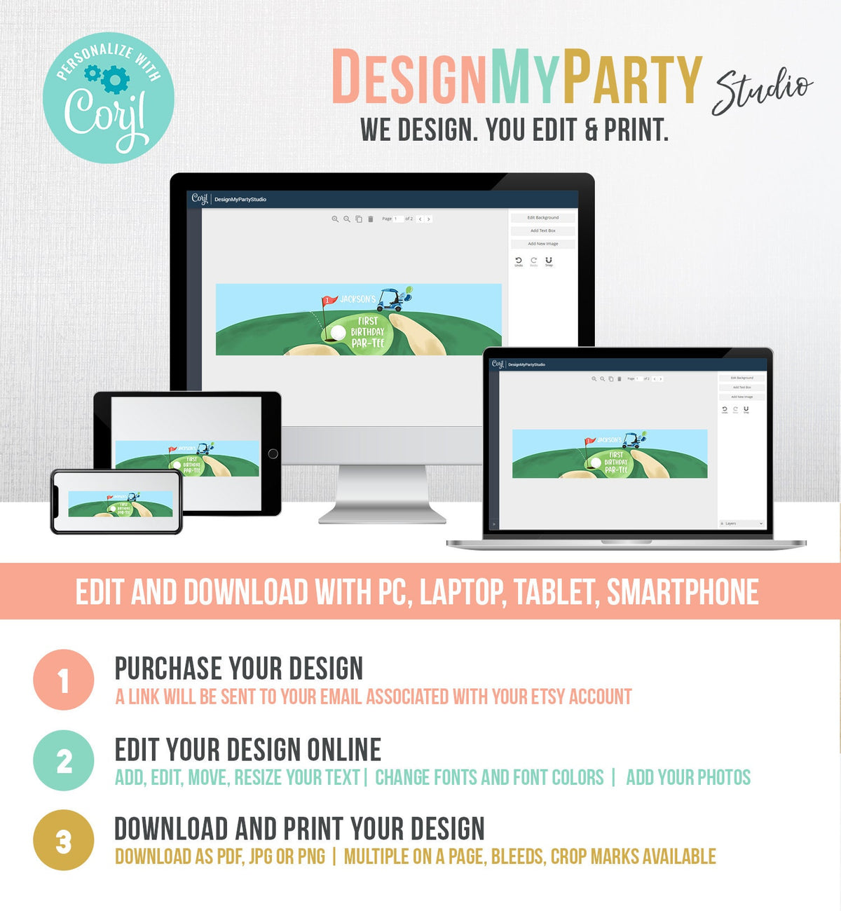 Editable Golf Water Bottle Labels Golf Birthday Party Hole in One Decor Boy Par-tee Golfing Blue Printable Bottle Labels Template Corjl 0405