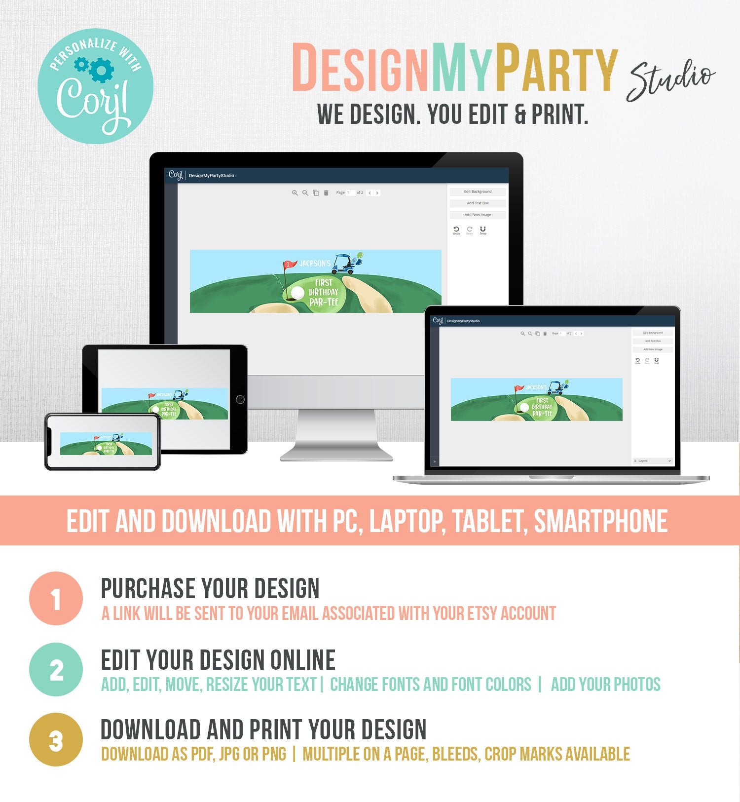 Editable Golf Water Bottle Labels Golf Birthday Party Hole in One Decor Boy Par-tee Golfing Blue Printable Bottle Labels Template Corjl 0405