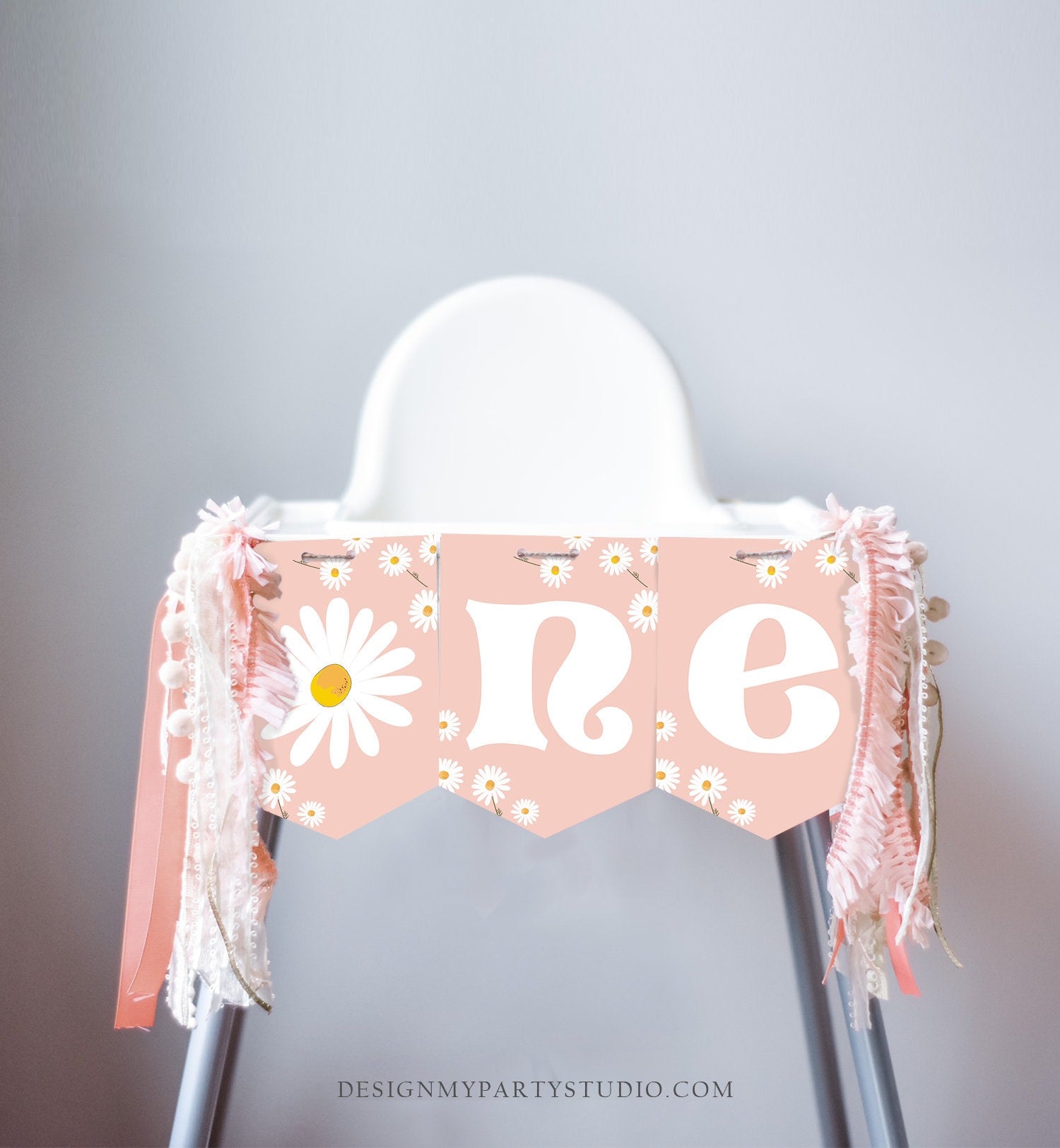 Daisy High Chair Banner Daisy Birthday Party Girl 1st First Birthday Pink High Chair Banner ONE Floral Boho Decor PRINTABLE Digital 0410