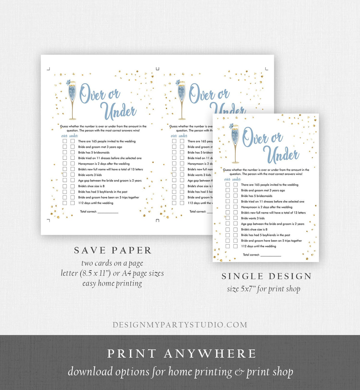 Editable Over or Under Bridal Shower Game Brunch and Bubbly More or Less Guess Wedding Shower Activity Gold Corjl Template Printable 0150