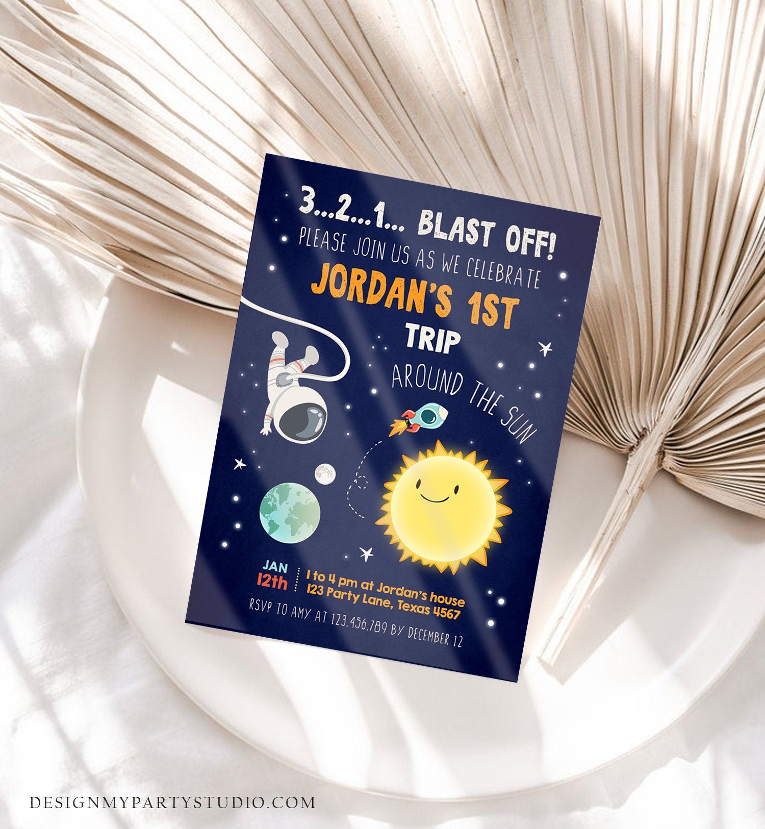 Editable Outer Space Birthday Invitation Rocket Astronaut Around the Sun First Trip Blast Off Digital Download Evite Template Printable 0046