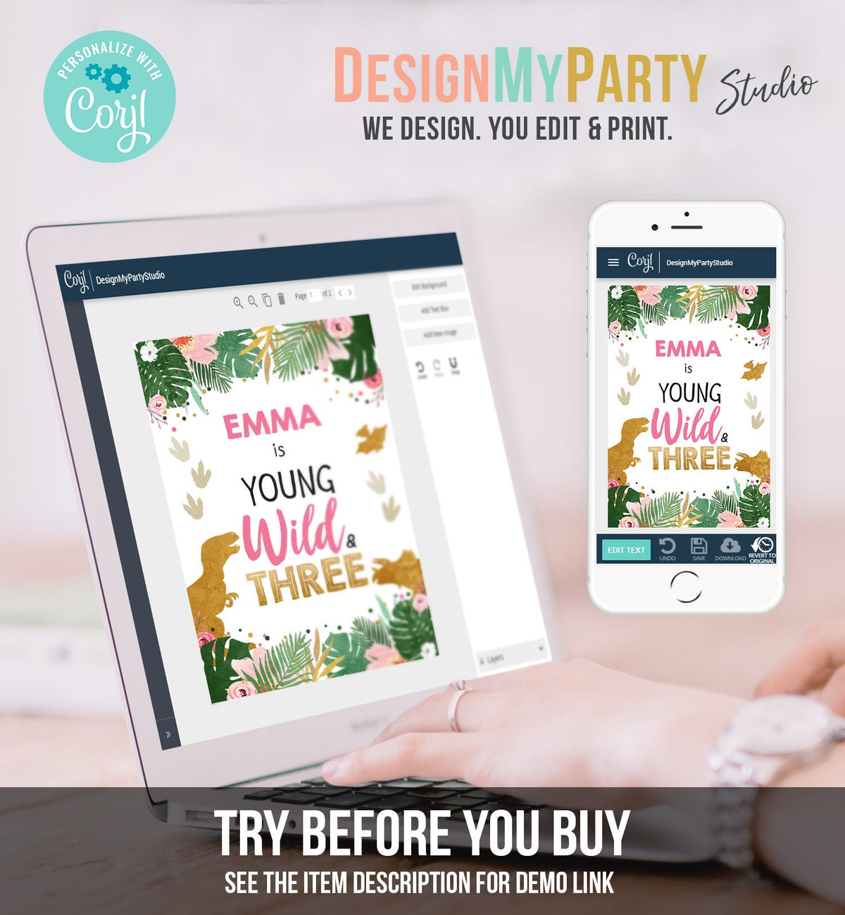 Editable Dinosaur Juice Pouch Label Juice Favors Gold Dino Girl Birthday T-Rex Young Wild Three Digital Download Template Printable 0146