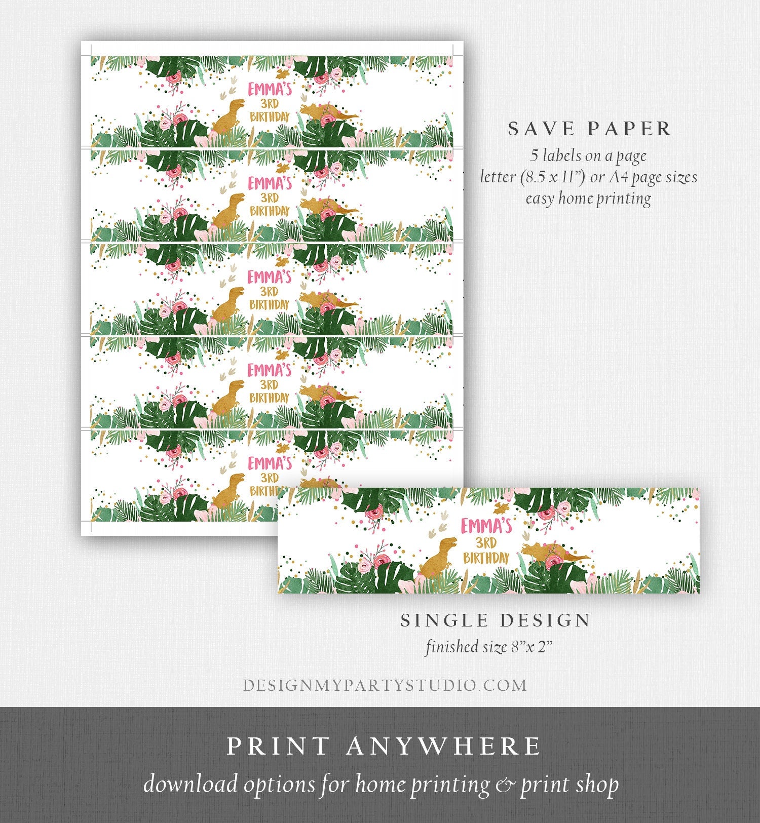 Editable Dinosaur Water Bottle Labels Dinosaur Birthday T-Rex Dino Birthday Decor Girl Pink Gold Printable Bottle Labels Template Corjl 0146