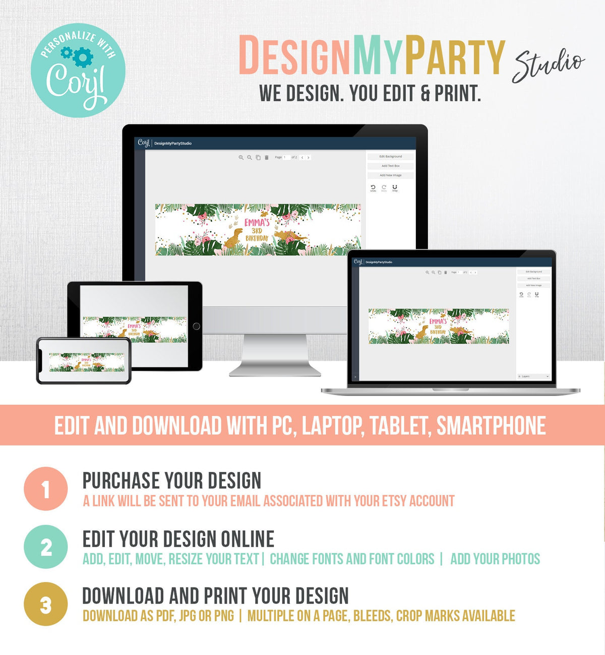 Editable Dinosaur Water Bottle Labels Dinosaur Birthday T-Rex Dino Birthday Decor Girl Pink Gold Printable Bottle Labels Template Corjl 0146