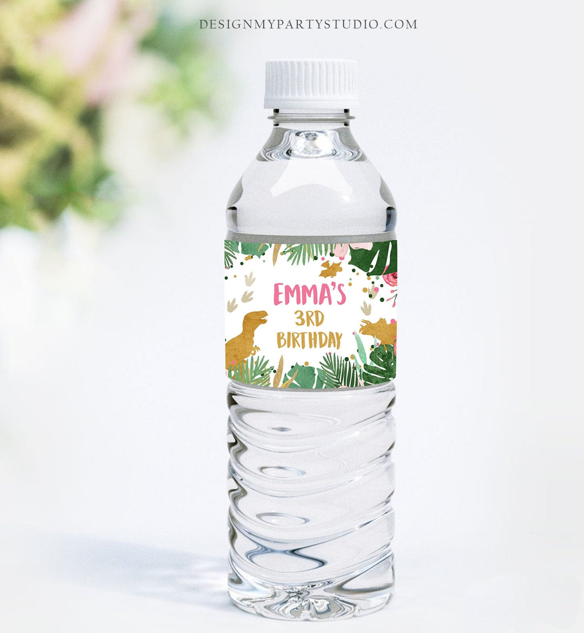 Editable Dinosaur Water Bottle Labels Dinosaur Birthday T-Rex Dino Birthday Decor Girl Pink Gold Printable Bottle Labels Template Corjl 0146