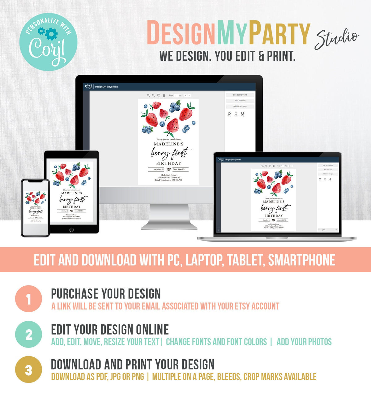 Editable Berry Sweet Birthday Invitation Blueberry Strawberry Picking Party Farmers Market Twin Digital Download Template Printable 0399