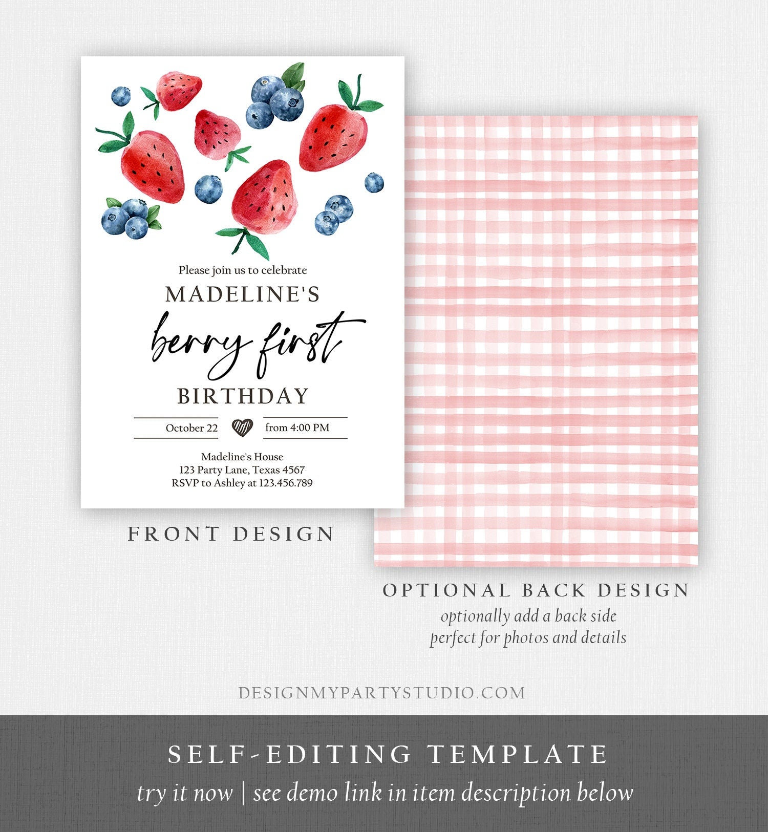 Editable Berry Sweet Birthday Invitation Blueberry Strawberry Picking Party Farmers Market Twin Digital Download Template Printable 0399