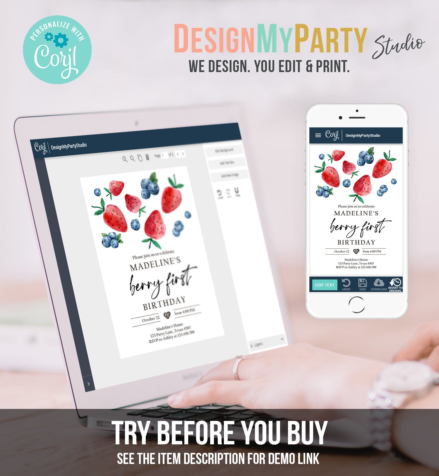 Editable Berry Sweet Birthday Invitation Blueberry Strawberry Picking Party Farmers Market Twin Digital Download Template Printable 0399