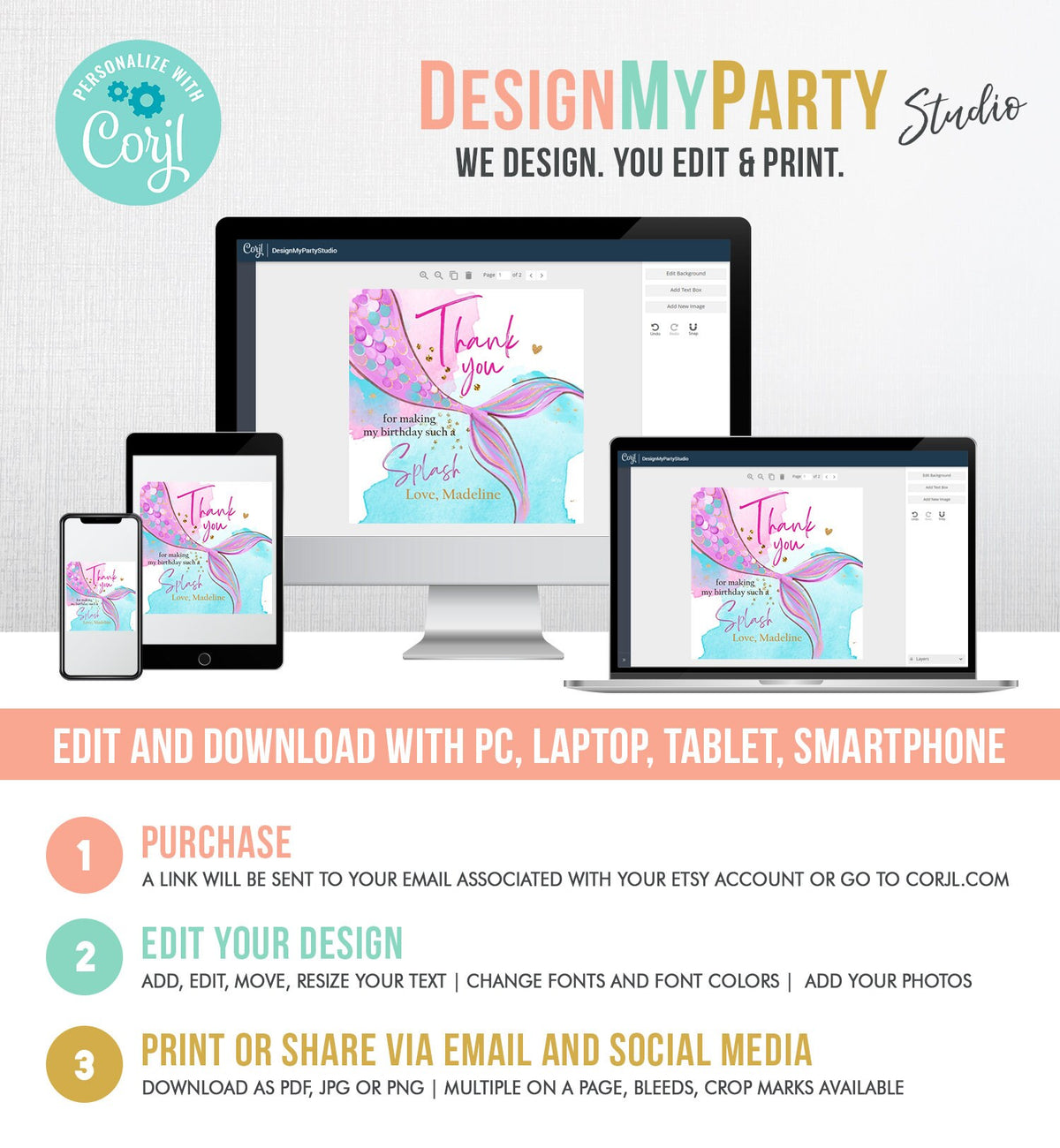 Editable Mermaid Birthday Favor Tags Under The Sea Thank you Stickers Mermaid Party Girl Pink Gold Digital Download Template Printable 0403