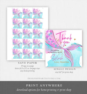 Editable Mermaid Birthday Favor Tags Under The Sea Thank you Stickers Mermaid Party Girl Pink Gold Download Template Corjl PRINTABLE 0403