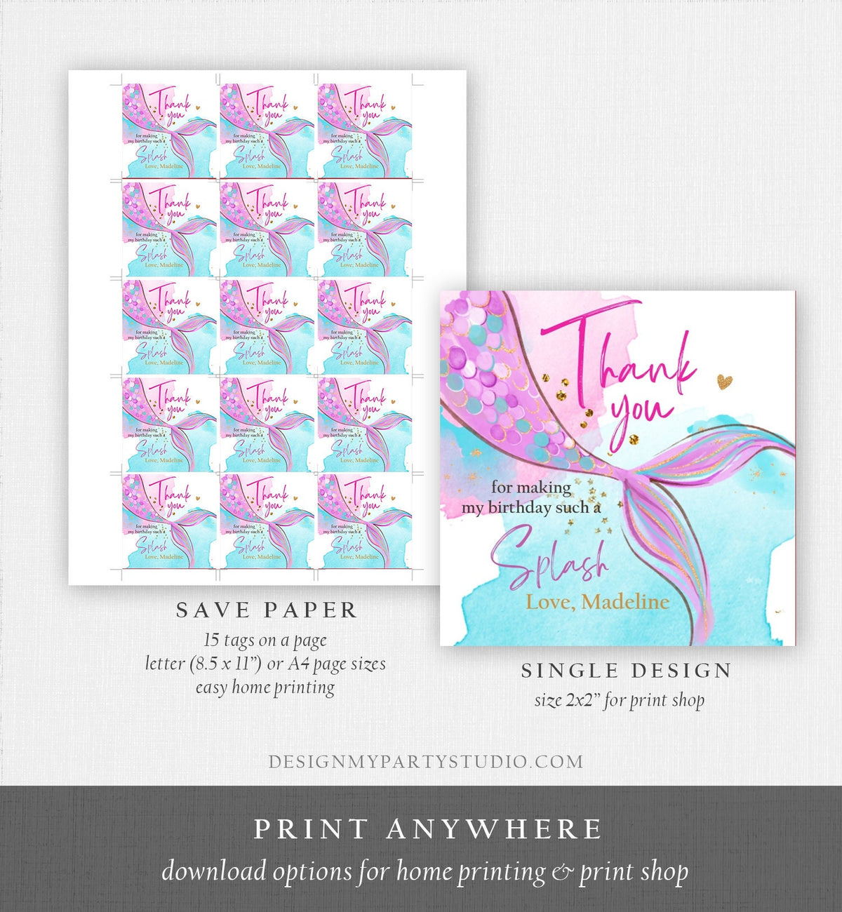 Editable Mermaid Birthday Favor Tags Under The Sea Thank you Stickers Mermaid Party Girl Pink Gold Digital Download Template Printable 0403