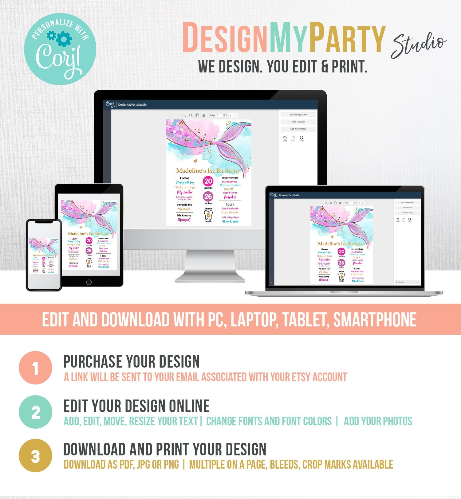 Editable Mermaid Birthday Milestones Sign Mermaid Tail Girl 1st Birthday Under The Sea Pink Purple Gold Digital Template Printable 0403