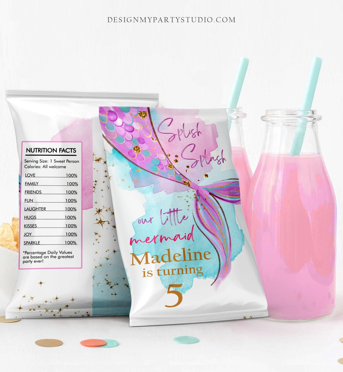 Editable Mermaid Chip Bag Mermaid Birthday Party Decor Girl Pink Purple Gold Under The Sea Snack Favors Download Digital Corjl Template 0403