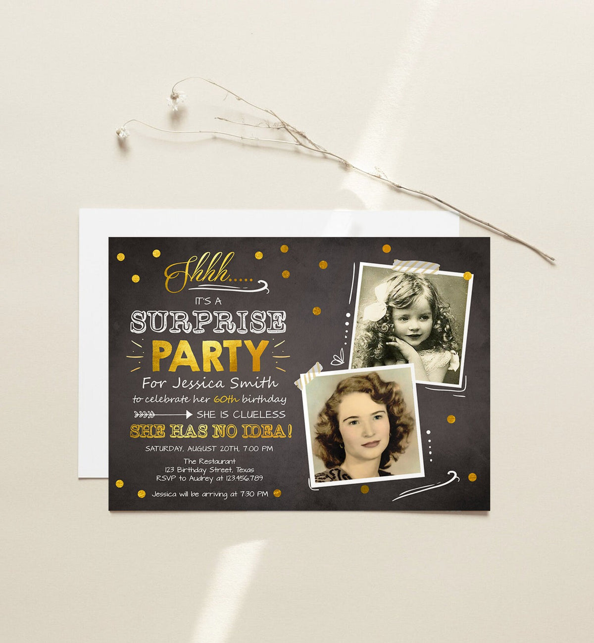 Editable 60th Surprise Birthday Party Invitation ANY AGE Gold Chalk Rustic Adult Photos Vintage Platinum Jubilee Anniversary Corjl Template
