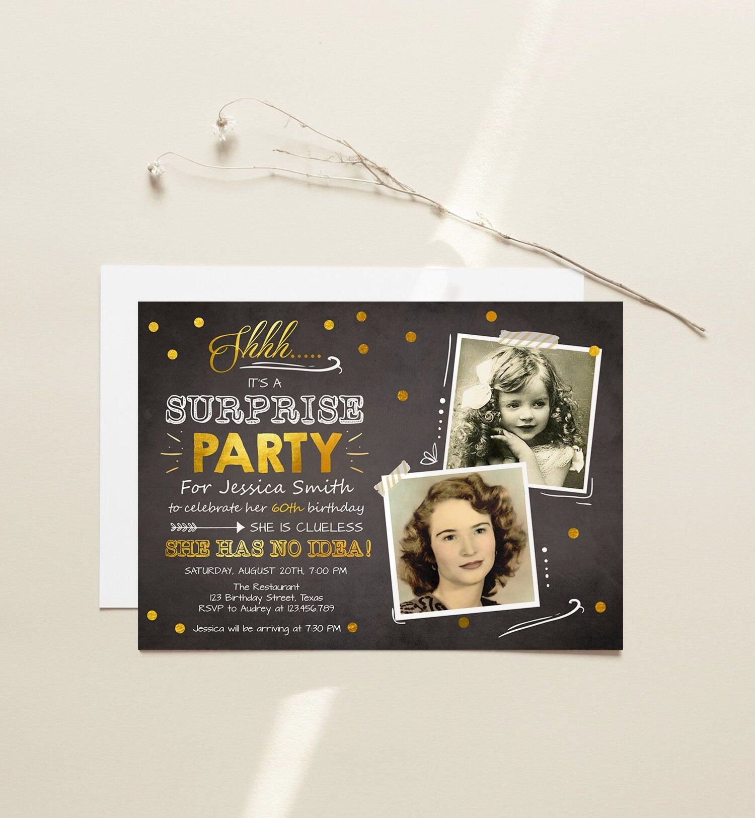 Editable 60th Surprise Birthday Party Invitation ANY AGE Gold Chalk Rustic Adult Photos Vintage Platinum Jubilee Anniversary Corjl Template