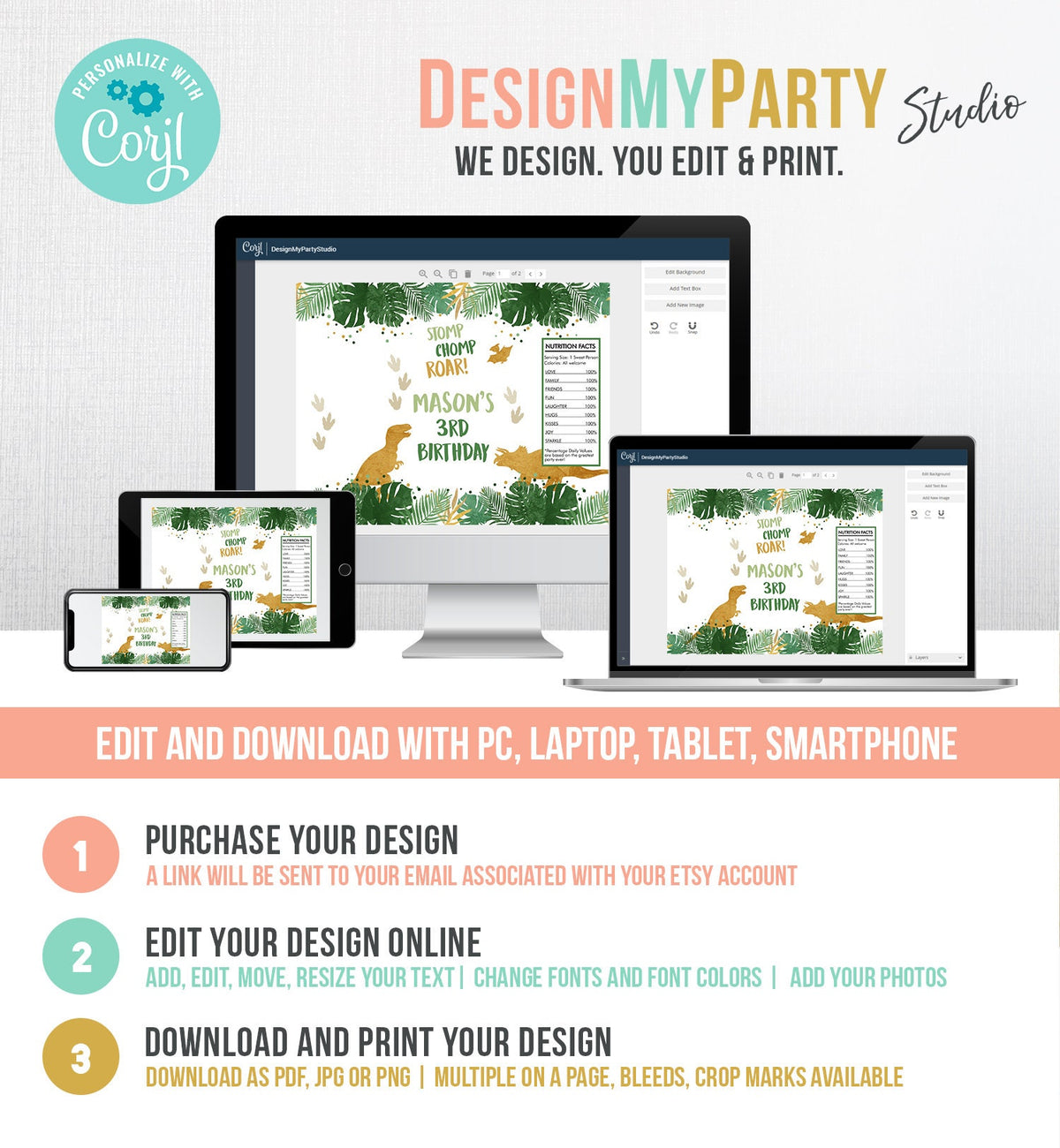 Editable Dinosaur Chip Bag Dino T-Rex Party Decor Girl Dino Birthday Party Snack Favors Potatoes Gold Printable Digital Corjl Template 0146