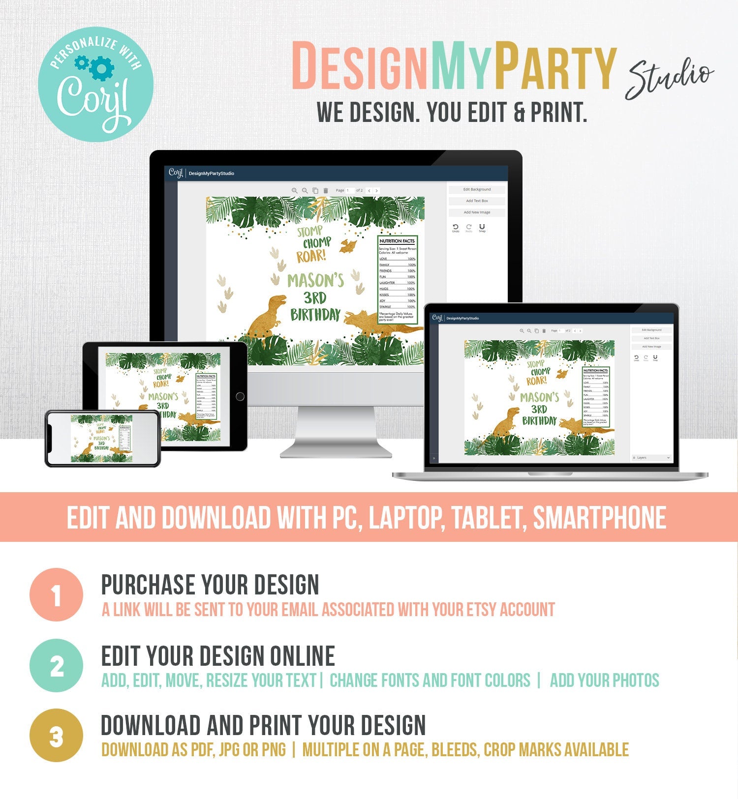 Editable Dinosaur Chip Bag Dino T-Rex Party Decor Girl Dino Birthday Party Snack Favors Potatoes Gold Printable Digital Corjl Template 0146