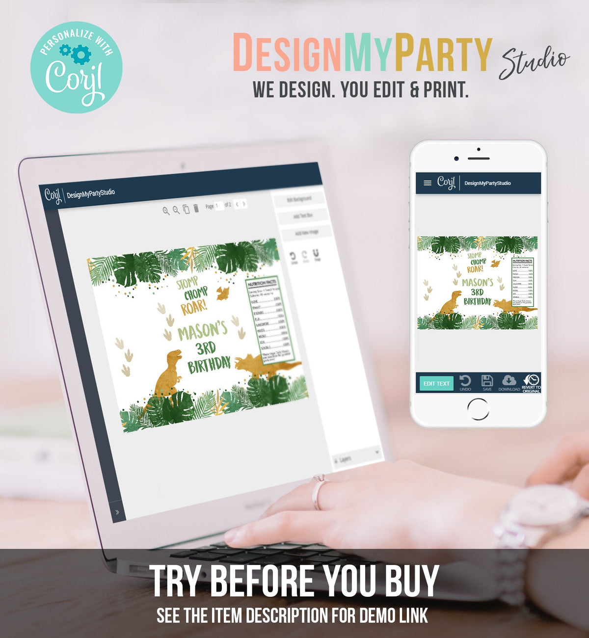 Editable Dinosaur Chip Bag Dino T-Rex Party Decor Girl Dino Birthday Party Snack Favors Potatoes Gold Printable Digital Corjl Template 0146