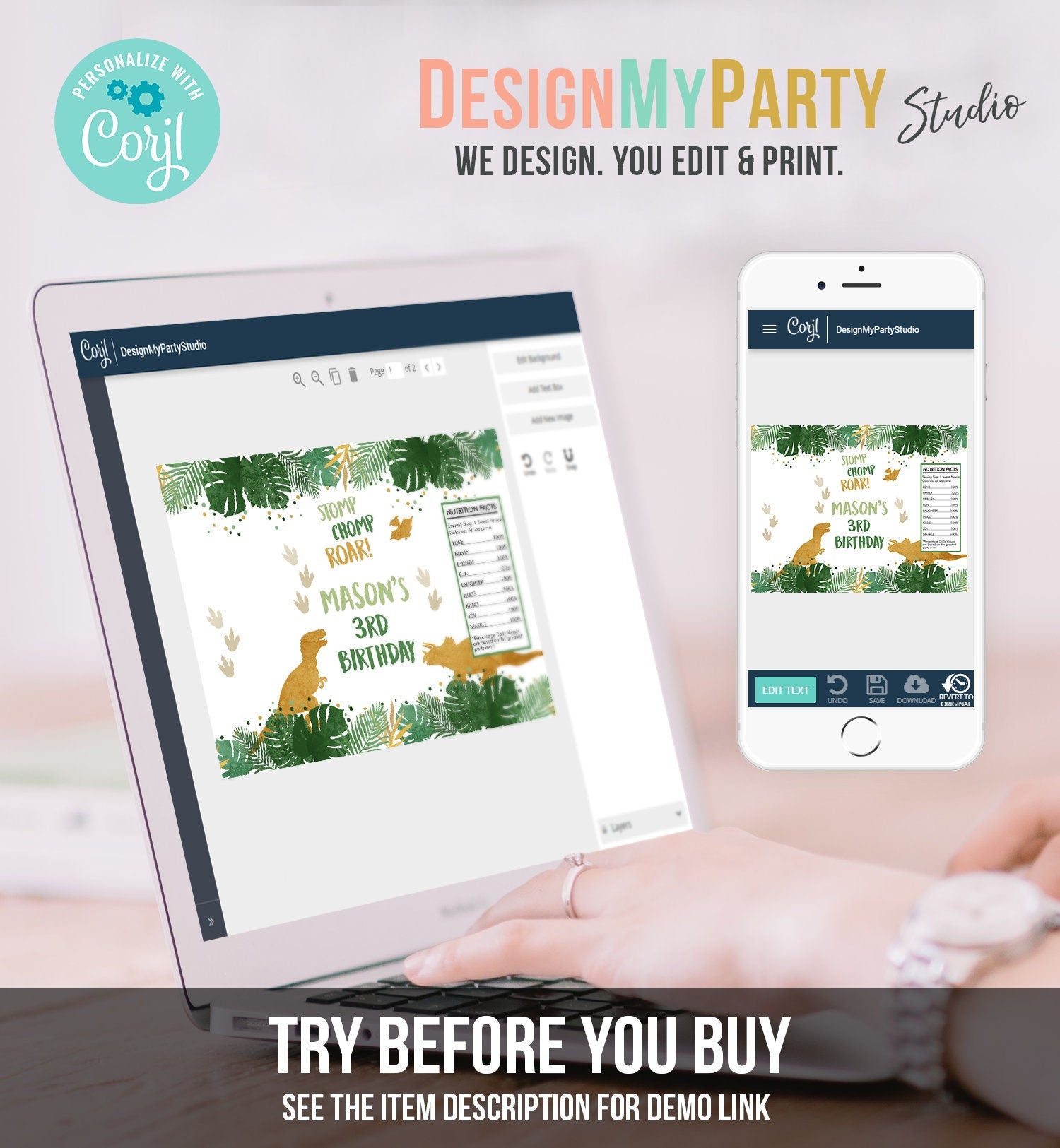 Editable Dinosaur Chip Bag Dino T-Rex Party Decor Girl Dino Birthday Party Snack Favors Potatoes Gold Printable Digital Corjl Template 0146