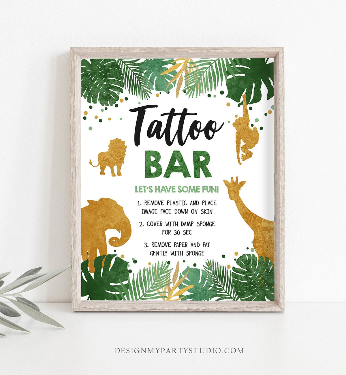 Tattoo Bar Safari Animals Birthday Sign Party Animals Decor Gold Safari Birthday Wild One Animals Table Sign Zoo Party Jungle Printable 0016