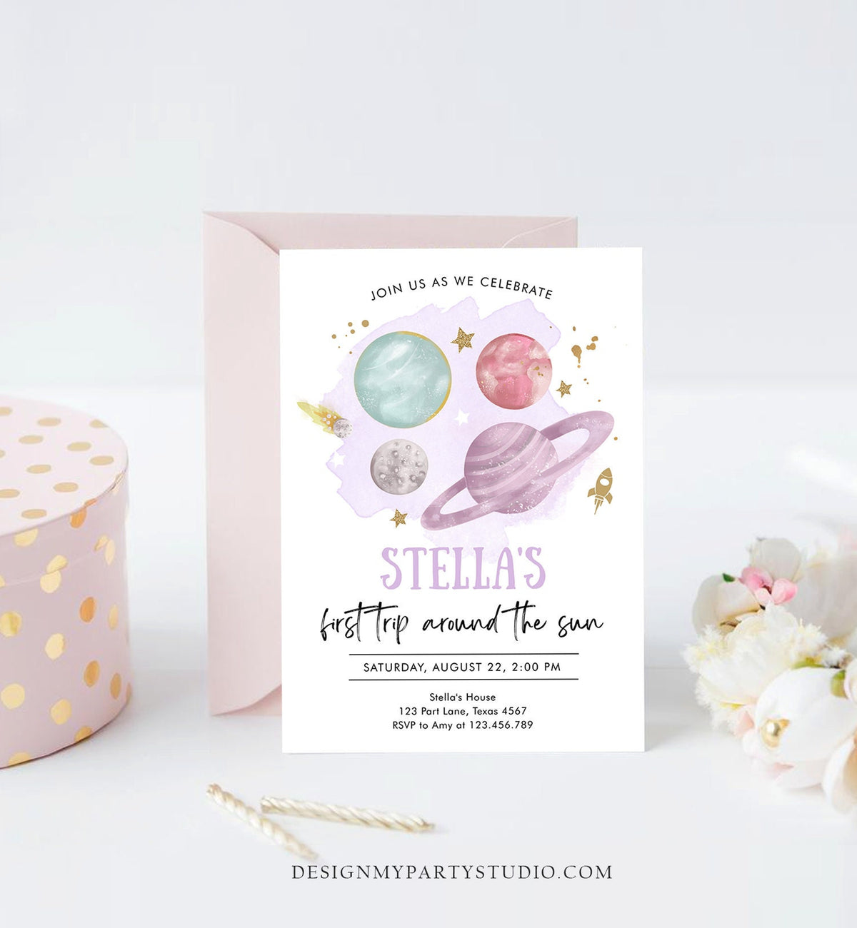 Editable Outer Space Girl First Birthday Invitation Galaxy Blast Off First Trip Around the Sun Purple Pink Printable Template Corjl 0357