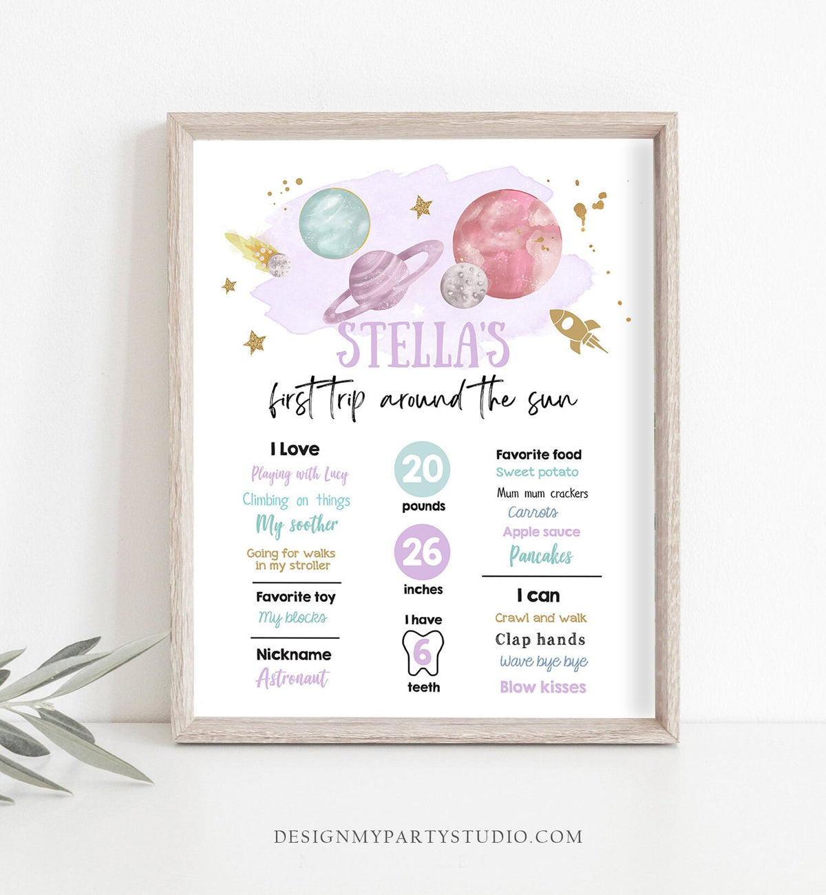 Editable Outer Space Birthday Milestones Sign First Trip Around the Sun Girl Birthday Purple Galaxy Planets Template Printable Corjl 0357