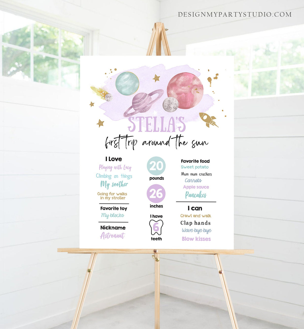 Editable Outer Space Birthday Milestones Sign First Trip Around the Sun Girl Birthday Purple Galaxy Planets Template Printable Corjl 0357