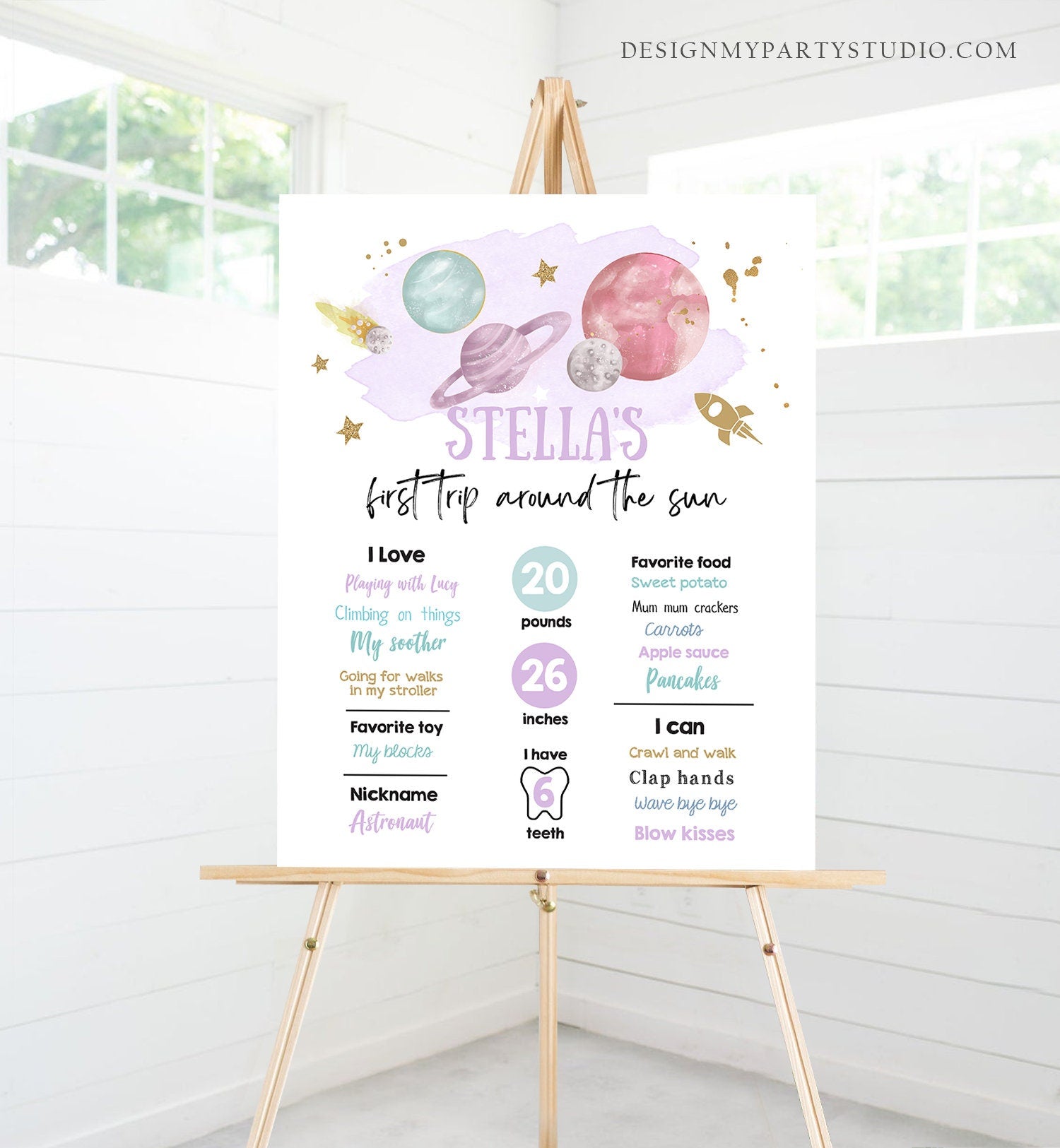 Editable Outer Space Birthday Milestones Sign First Trip Around the Sun Girl Birthday Purple Galaxy Planets Template Printable Corjl 0357