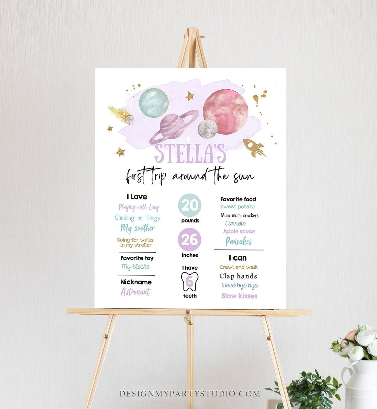 Editable Outer Space Birthday Milestones Sign First Trip Around the Sun Girl Birthday Purple Galaxy Planets Template Printable Corjl 0357