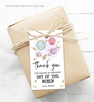 Editable Outer Space Favor Tags Space Birthday Thank you Label Galaxy Gift Purple Out Of This World Planets Template Corjl PRINTABLE 0357