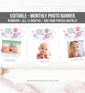Editable Outer Space Birthday Banner Monthly Photo Banner First Trip Around Sun Galaxy Purple Girl Download Corjl Template Printable 0357