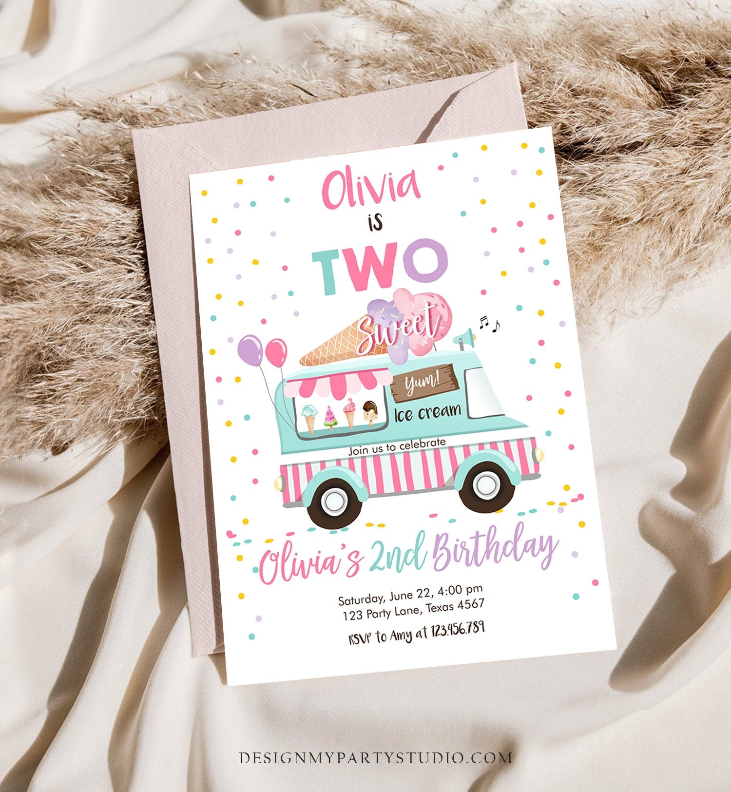 Editable Ice Cream Truck Birthday Invitation Two Sweet Birthday 2nd Birthday Ice Cream Party Scoop Pink Girl Digital Template Printable 0243