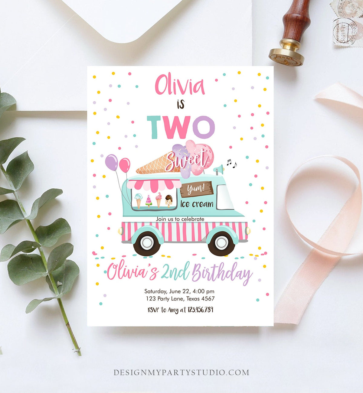 Editable Ice Cream Truck Birthday Invitation Two Sweet Birthday 2nd Birthday Ice Cream Party Scoop Pink Girl Digital Template Printable 0243