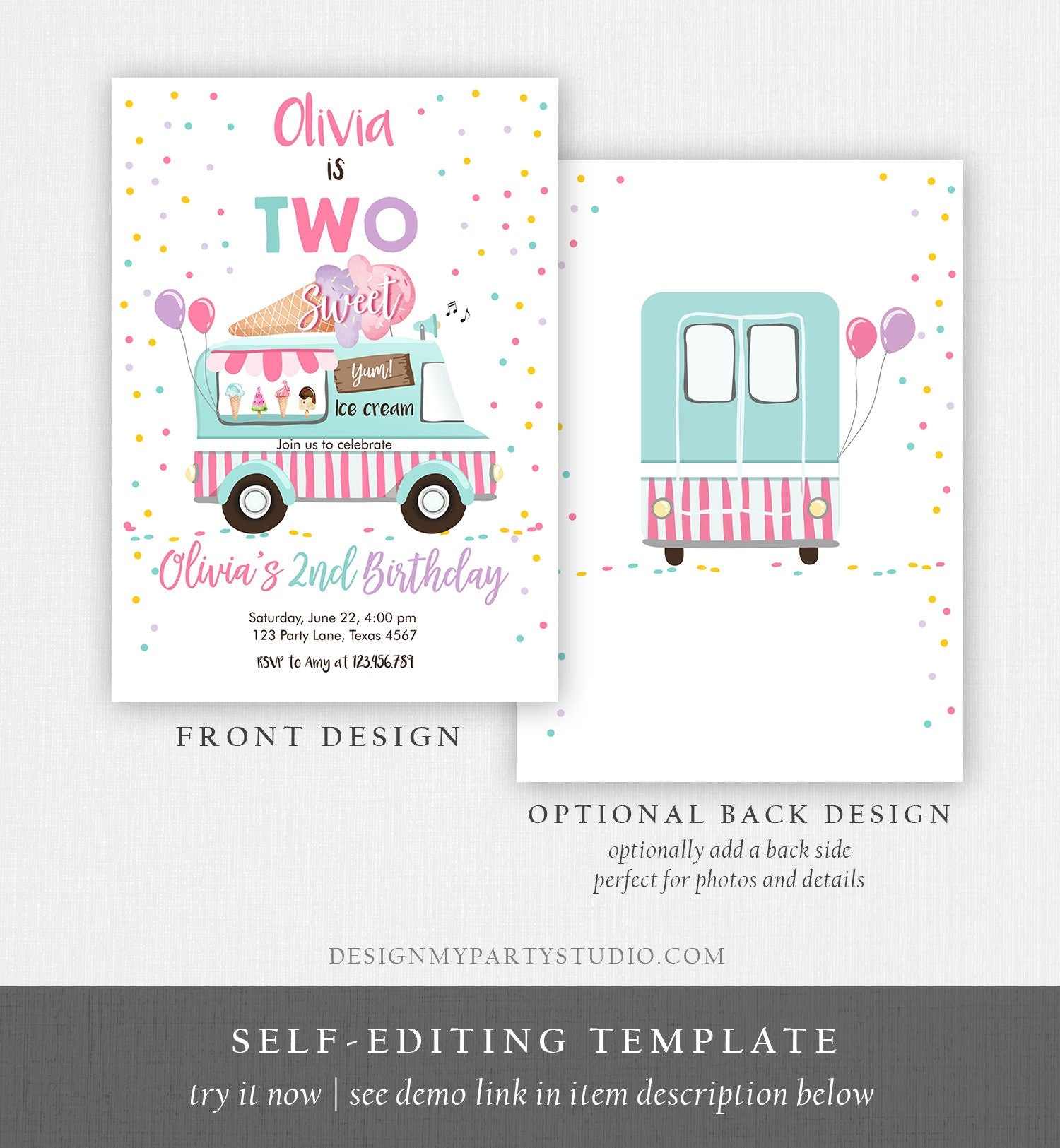 Editable Ice Cream Truck Birthday Invitation Two Sweet Birthday 2nd Birthday Ice Cream Party Scoop Pink Girl Digital Template Printable 0243