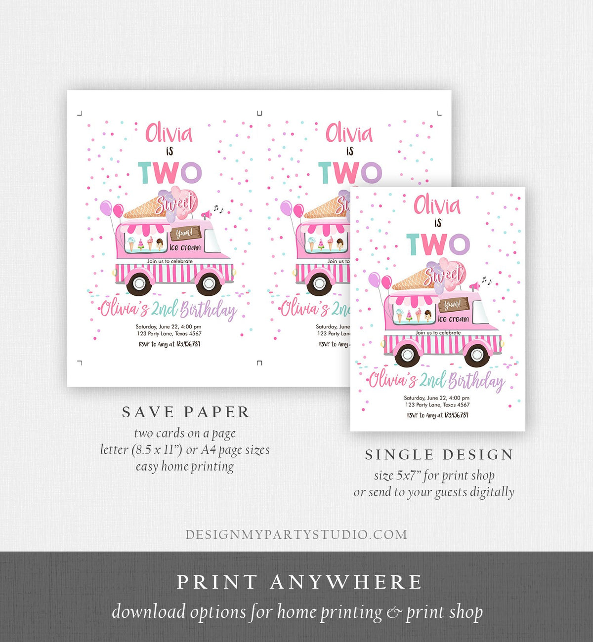 Editable Ice Cream Truck Birthday Invitation Two Sweet Birthday 2nd Second Birthday Party Scoop Pink Girl Digital Template Printable 0243